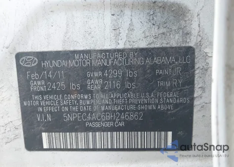 2011 Hyundai Sonata Se from USA, damaged, VIN 5NPEC4AC6BH246862